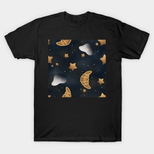 Cozy Croissant Moon Midnight Snack Pattern With Milk & Cookies T-Shirt